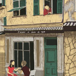 Love, series – Digital Illustration. Couples fight everywhere in the world. Here inside a beautiful Japanese house with shadows playing on the ground, in the winter holiday during a lift ride and outside a French café. Love 3 – limited Fine Art Print