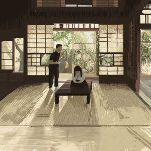 Love 1 – limited Fine Art Print. Couples fight everywhere in the world. Here its a beautiful Japanese house with lshadows playing on the ground. Digital Illustration.