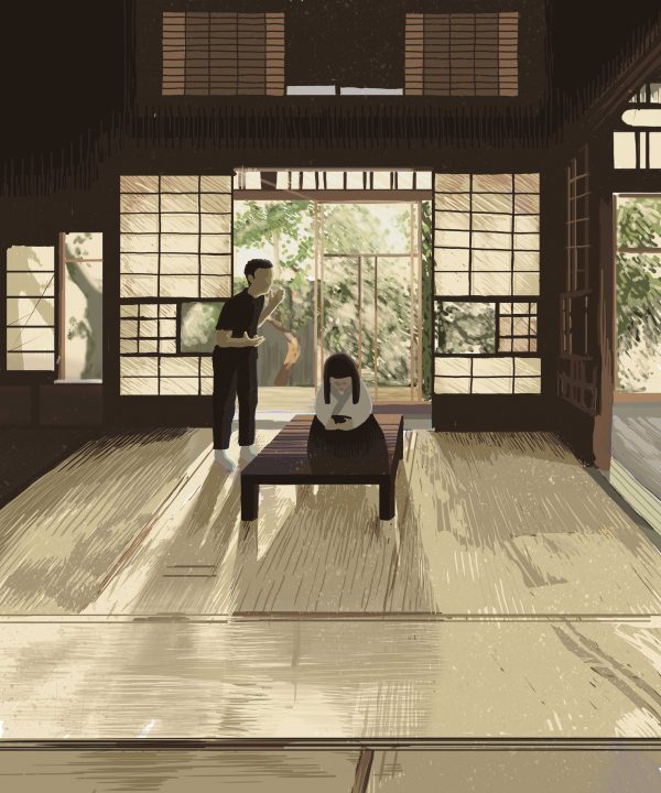 Love 1 – limited Fine Art Print. Couples fight everywhere in the world. Here its a beautiful Japanese house with lshadows playing on the ground. Digital Illustration.