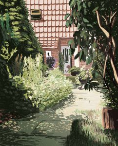 Garden 2 – Digital Illustration. A garden in summertime, where every plant stands in its full beauty. The shadows playing on the ground. Garden 2 – limited Fine Art Print