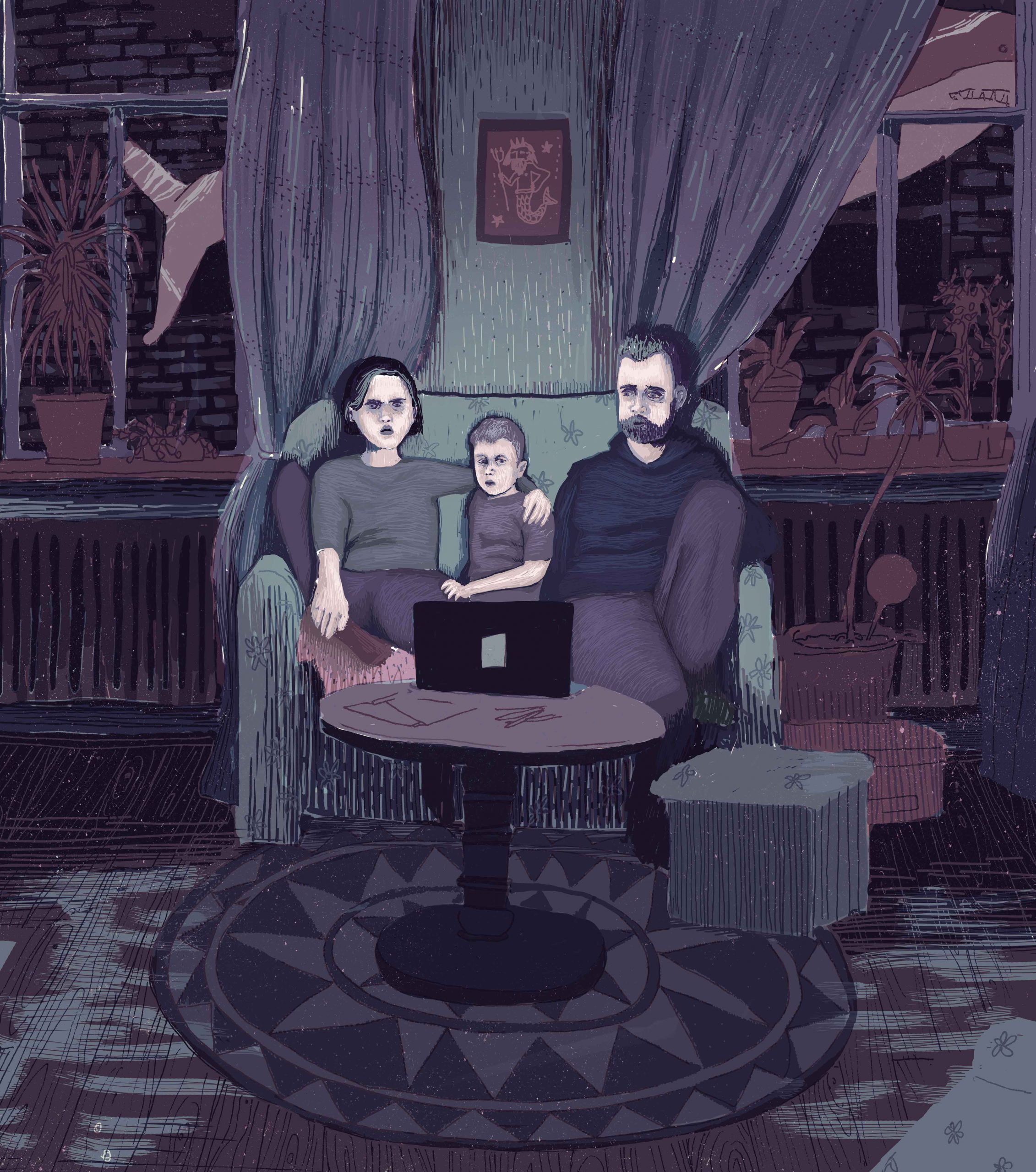 Watching – Digital Illustration. A Family watching something on a netbook. The Only source of light is the screen.
