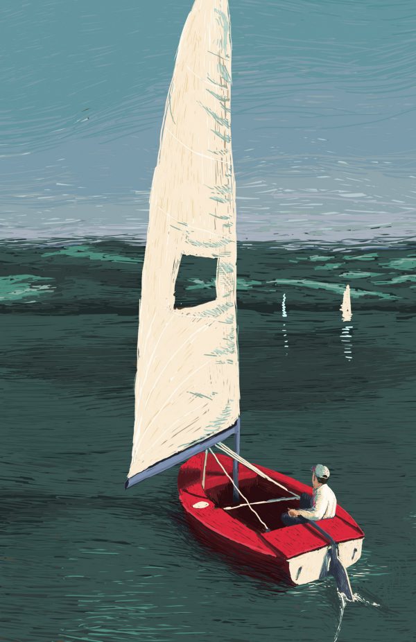 Sailing – Digital Illustration. A man is sailing on lake on a bright red yawl. The Sky is clear blue. There are just a few boats on the almost quiet water. Sailing – limited Fine Art Print