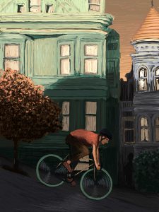 San-Francisco Bike Ride – Digital Illustration. A Cyclist rolling downhill in San Francisco. San-Francisco Bike Ride – limited Fine Art Print