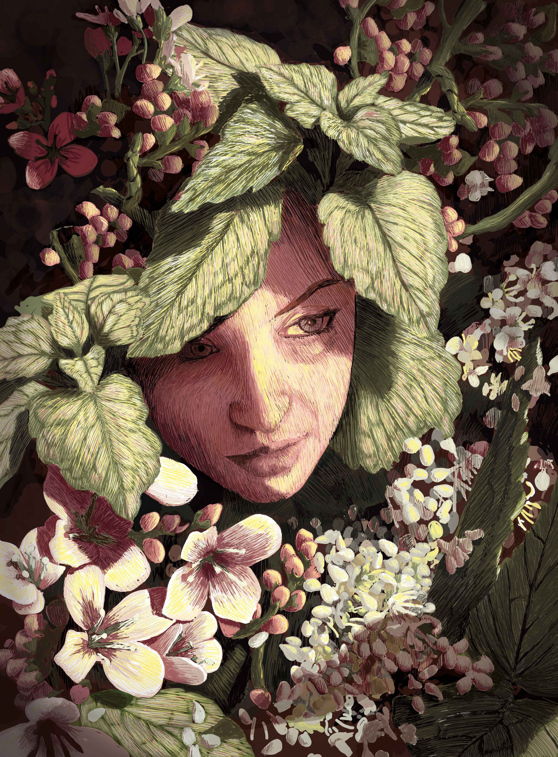 Portrait of a young woman enjoying and completing the beauty of spring. Flower Girl – limited Fine Art Print, Flower Girl – Digital Illustration