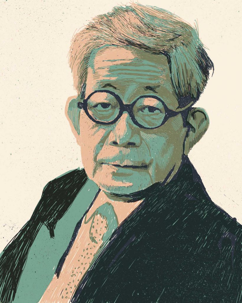 Portrait of nobelprize winning Japanese writer Kenzaburō Ōe. His novels, short stories and essays deal with political, social and philosophical issues, including nuclear weapons, nuclear power, social non-conformism, and existentialism. Digital Illustration